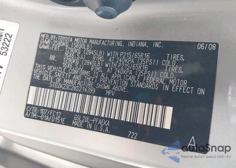 2008 Toyota Sienna Le из США, поврежденный, VIN 5TDZK23C28S214399